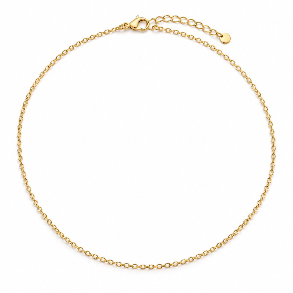 Gold-tone fine chain necklace laid flat, full length