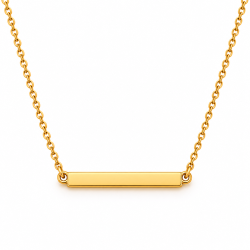 Gold-tone bar pendant necklace laid flat, full length