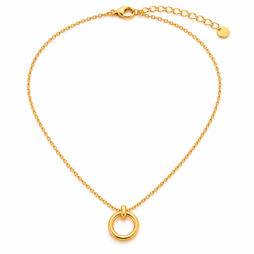 Gold-tone circle pendant necklace laid flat, full length
